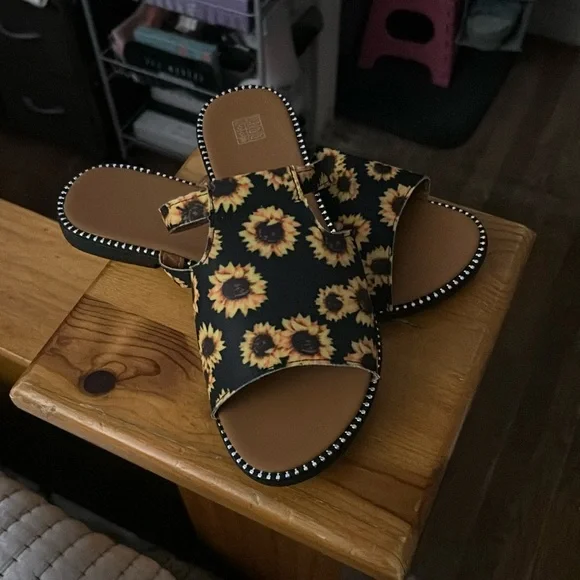 Women's Sunflower Print Slide Sandals, Casual Open Toe Flat Summer Shoes - Picture 1 of 7